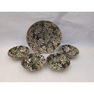 Decoupage Large Salad Bowl 4 bowls Daisies Flowers 1960s MCM Fiberglass